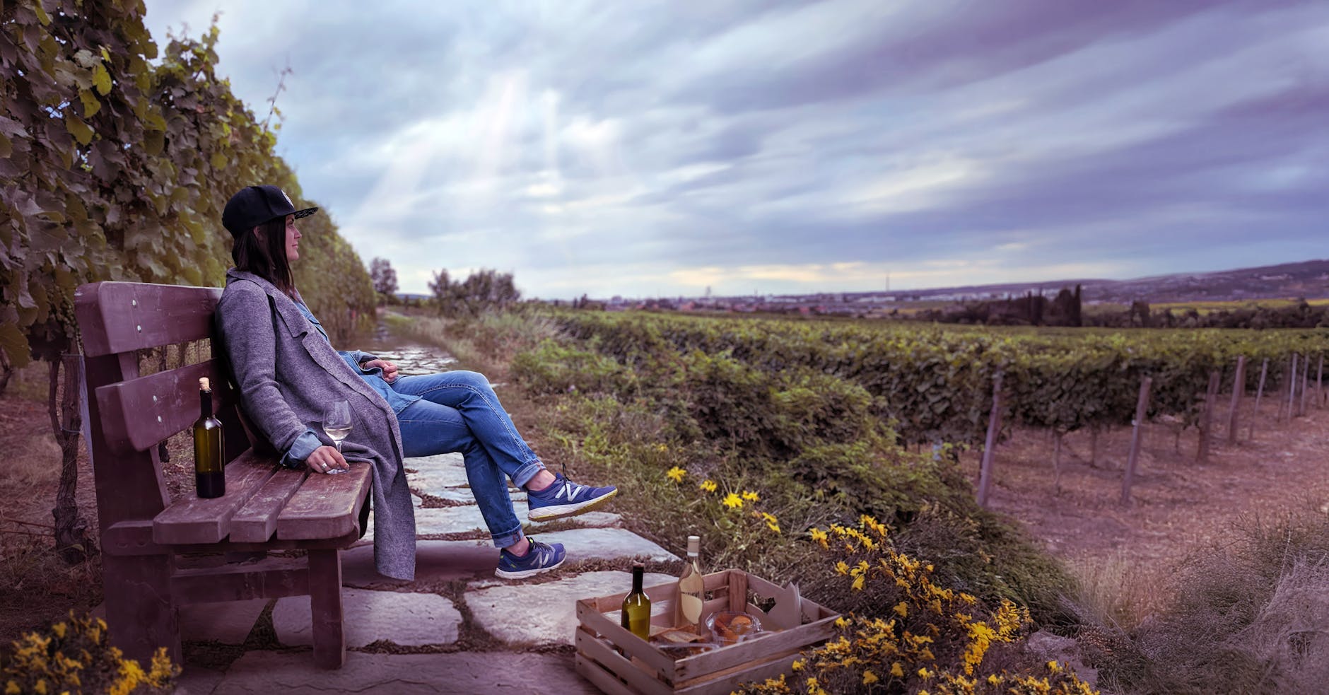 Kobieta na pikniku w winnicy, siedzi między rzędami winorośli